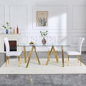 English Elm 71-inch Tempered Glass Dining Table Electroplated Metal Base Open Airy Modern Style Gold W3875S00006