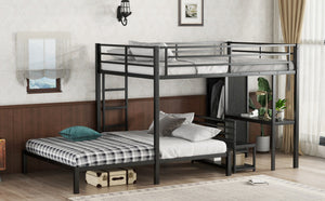 English Elm Queen Over Queen Bunk Bed Frame With Desk, Storage Chairs & Wardrobe – Space-Saving Black Design W1580S00110-GIGA