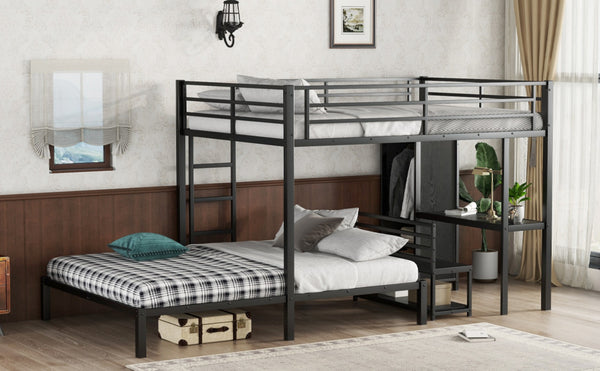 English Elm Queen Over Queen Bunk Bed Frame With Desk, Storage Chairs & Wardrobe – Space-Saving Black Design W1580S00110-GIGA