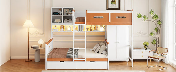 English Elm Twin Over Full Wooden Bunk Bed With Stylish Storage, Led Light, Drawers, And Wardrobe In White & Orange N820S00063K-GIGA