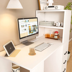 English Elm White Computer Desk with 4-in-1 Socket, 3 Slide Drawers & 4 Shelves — Durable 15mm Board, Ergonomic Workspace W2700P268307