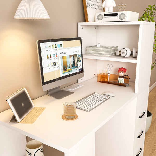 English Elm White Computer Desk with 4-in-1 Socket, 3 Slide Drawers & 4 Shelves — Durable 15mm Board, Ergonomic Workspace W2700P268307