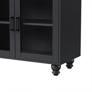 English Elm ON-TREND Farmhouse TV Stand 63" with Tempered Glass Doors, Adjustable Shelves, Solid Wood Legs, Elegant Storage Black+Natural N721P206052B