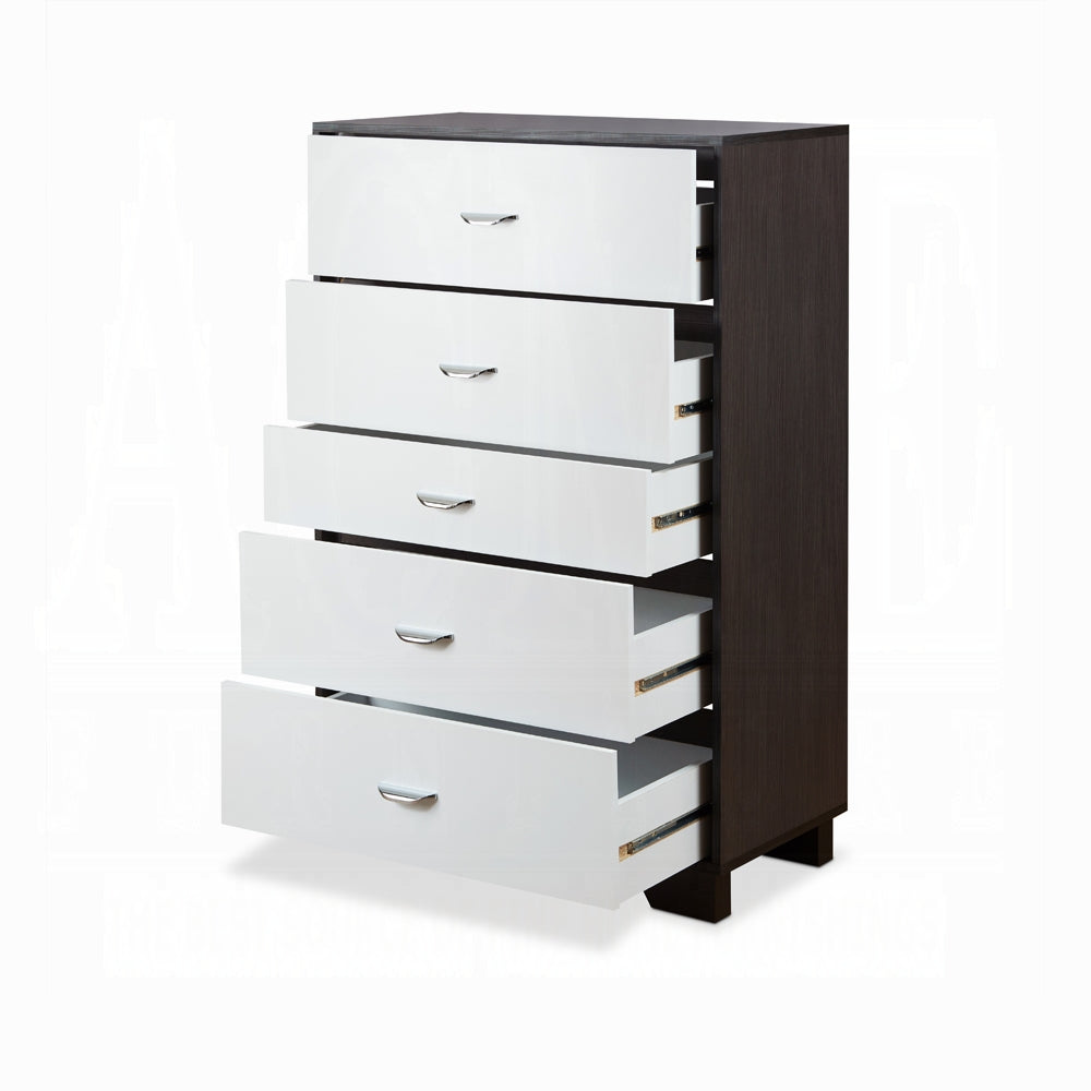 English Elm White 5-Drawer Chest in White and Espresso Finish — Sleek Rectangular Design, Ample Storage, Modern Style B062P209032