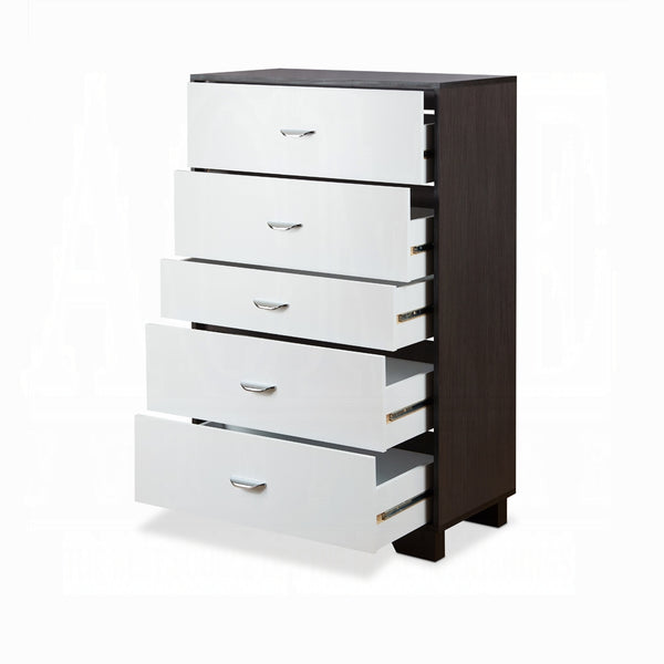 English Elm White 5-Drawer Chest in White and Espresso Finish — Sleek Rectangular Design, Ample Storage, Modern Style B062P209032