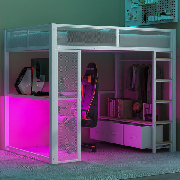 English Elm Full Metal Gaming Loft Bed with LED Lighting, Built-In Desk, Open Wardrobe and 3 Drawers for Space-Saving Comfort White GX001133AAK