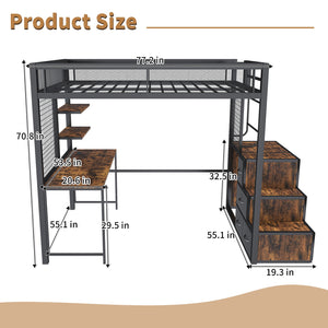 English Elm Full Loft Bed with Desk, 4 Cabinets & Staircase Storage — Metal Frame, Built-In USB/Outlets, Space-Saver Black W2700S00061