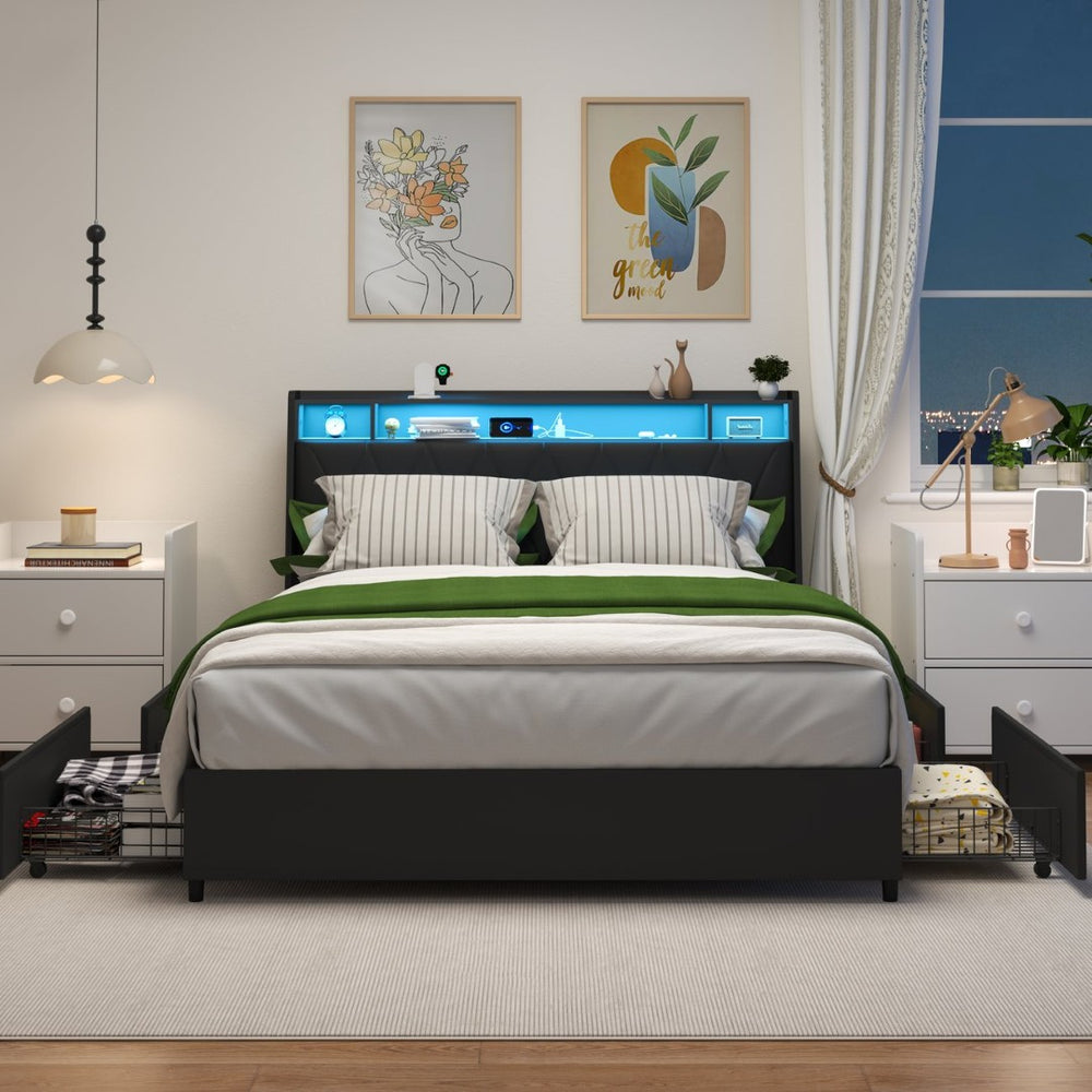 English Elm Queen Metal Platform Bed with Ergonomic Headboard Built-in Outlets and Storage Shelf W3107S00006