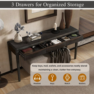 English Elm U_style Oak Veneer Console Table with Three Wave Drawers for Entryway or Foyer Black N711P401926B