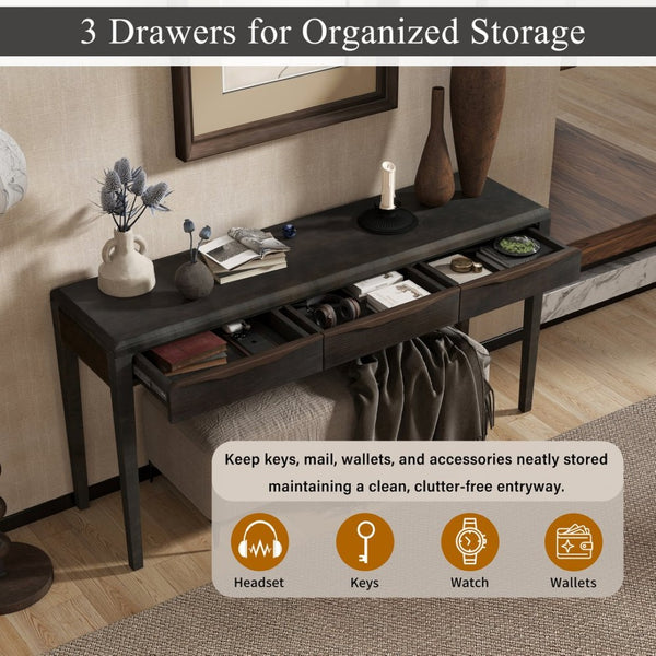 English Elm U_style Oak Veneer Console Table with Three Wave Drawers for Entryway or Foyer Black N711P401926B