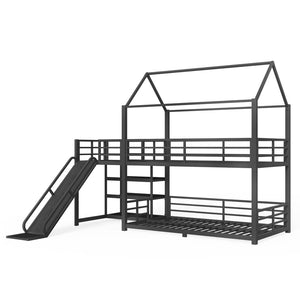 English Elm Twin House Bunk Bed with Slide Storage Stairs and Safety Rails for Kids Rooms W1580S00648
