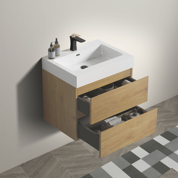 English Elm U040-Alice24-106 Alice 24" Natural Oak Wall-Mounted Bathroom Vanity with Integrated Basin, Soft-Close Drawers and Bevel Handle-Free Design W1865S00040