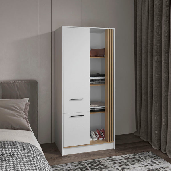 English Elm Armoire with Built-In Mirror and Ample Storage — 4 Doors, 2 Drawers, 4 Shelves, Eco-Friendly Finish White 75.59 L x 25.59 W x 3.94 H B097S00208
