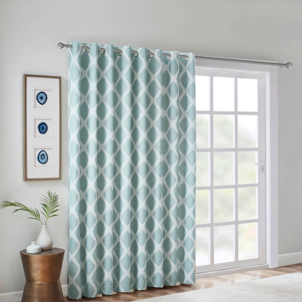 JLA Home SunSmart - Printed Ikat Blackout Panel with Silver Grommets — Thermal Noise-Reducing Fabric for Patio Privacy Aqua SS40-0112