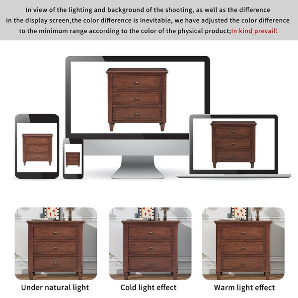 English Elm U_style Three Drawer Painted Nightstand Rubberwood Legs Minimalist Bedside Storage Cabinet Brown WF319366AAD