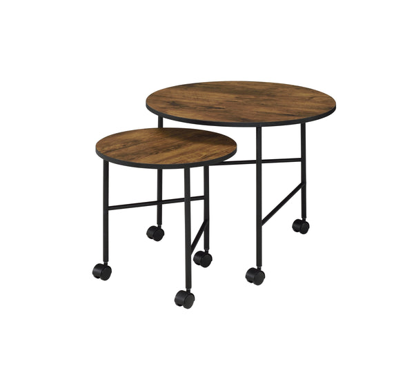 English Elm Oblis Vintage Oak Nesting Tables Set - 2Pc Wooden Round Tops, Metal Tripod Legs & Caster Wheels, Durable B2726P408070