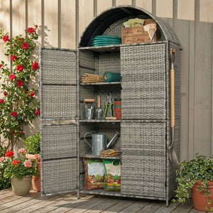 English Elm K&k Tall Arched Pe Rattan Outdoor Storage Cabinet with Adjustable Shelves and Steel Frame Grey N707P420158G