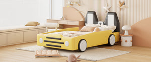 English Elm Twin Race Car Platform Bed with Wheels for Kids — Sturdy PU Leather Frame, Safety Rails, 250lb Capacity Yellow SF000128AAY