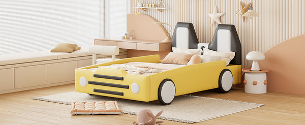 English Elm Twin Race Car Platform Bed with Wheels for Kids — Sturdy PU Leather Frame, Safety Rails, 250lb Capacity Yellow SF000128AAY