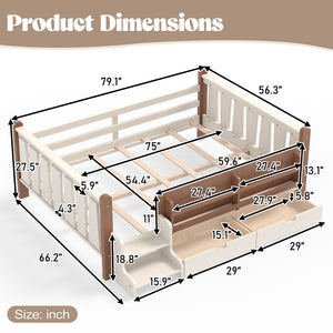 English Elm Twin Kids Platform Bed with Trundle Staircase Bookshelf and Rounded Safety Rails Beige W1580S00539