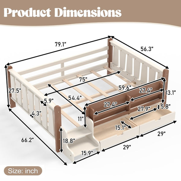 English Elm Twin Kids Platform Bed with Trundle Staircase Bookshelf and Rounded Safety Rails Beige W1580S00539