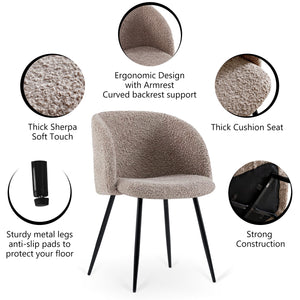English Elm Adjust Plush Sherpa Upholstered Dining Armrest Chair Set of 2 — Curved Round Back, Foam-Padded Comfort Light Brown W1164104139