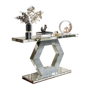 English Elm Sparkling Crystal Hexagon Mirror Console Table — Premium Modern Entryway Dual-Tier Foyer Decor with Diamond Glass Effects, 60.8"L x 18.11"W x 11.81"H W1445P299161