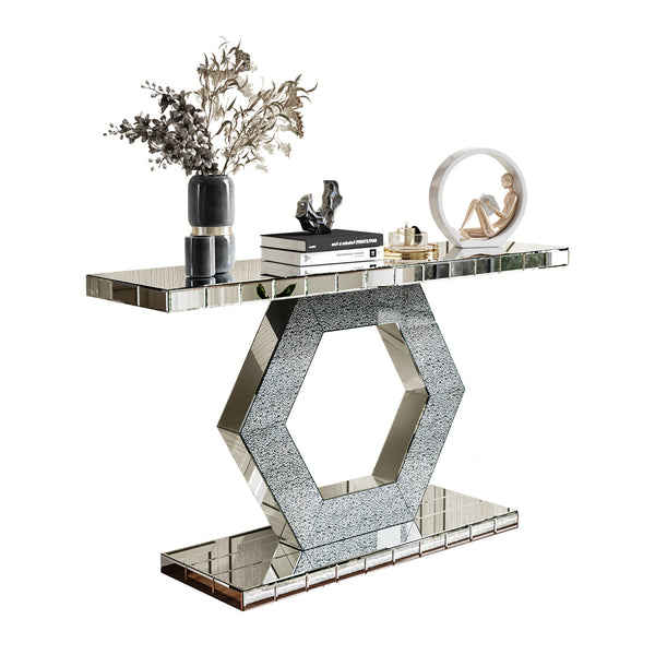 English Elm Sparkling Crystal Hexagon Mirror Console Table — Premium Modern Entryway Dual-Tier Foyer Decor with Diamond Glass Effects, 60.8"L x 18.11"W x 11.81"H W1445P299161