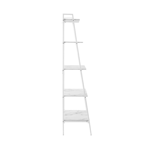 72" Metal & Wood Ladder Shelf White Calacatta Marble, White Metal BS72ARLDWCM Walker Edison
