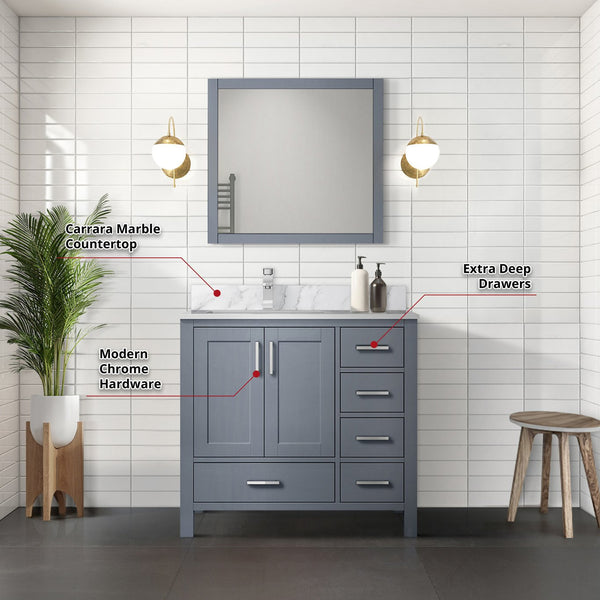 English Elm Dark Grey Bath Vanity Set With Carrara Marble Top, Chrome Faucet & Coordinated 34" Mirror Included B2731S01260