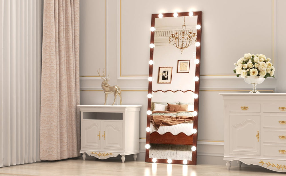 English Elm Hollywood Full Length LED Mirror with 22 Bulbs, 3 Color & Brightness Modes, Walnut Frame, Touch Control W708P297645