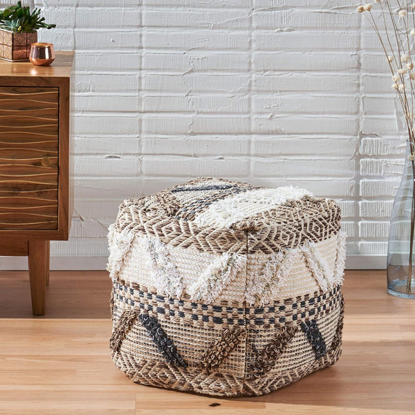 English Elm Christopher Knight Home® - WOVEN Wool Pouf Multi-Color Handwoven Boho Cotton Cube with Removable Zip Cover & Polystyrene Fill 67864.00