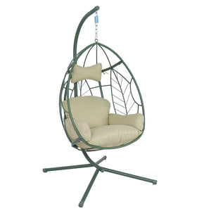 English Elm Hanging Egg Chair with Steel Stand Tufted Cushion Resort Style Patio Swing Seat T5880P492679