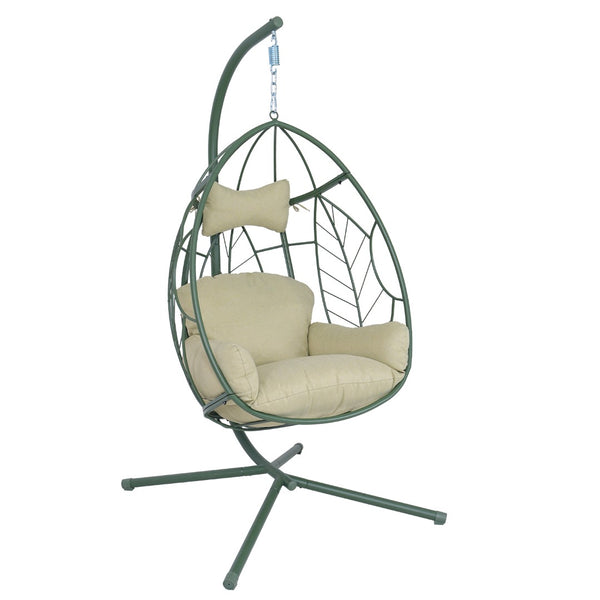 English Elm Hanging Egg Chair with Steel Stand Tufted Cushion Resort Style Patio Swing Seat T5880P492679