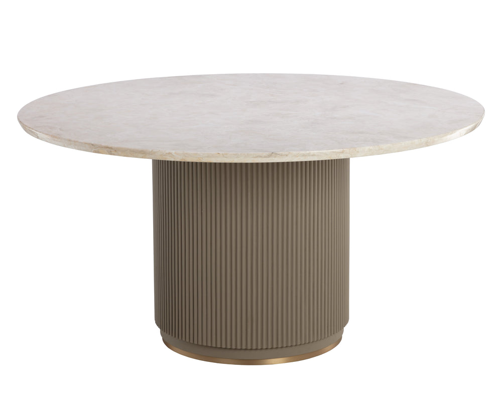 Sunpan Cataldi 59" Dining Table - Elegant Taupe Faux Leather & Polished Beige Marble with Gold Trim Design