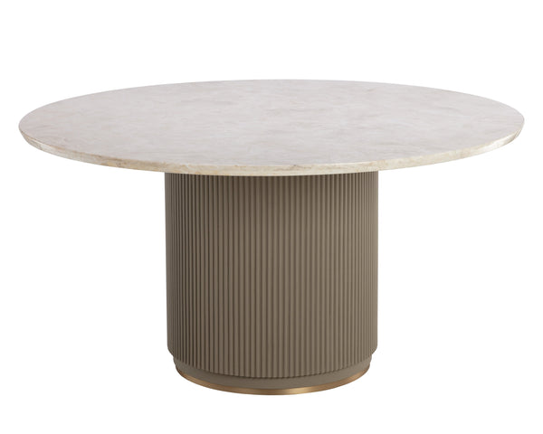 Sunpan Cataldi 59" Dining Table - Elegant Taupe Faux Leather & Polished Beige Marble with Gold Trim Design