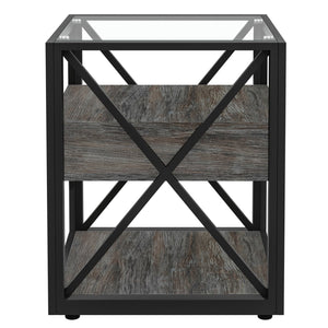 English Elm 1 Modern End Table With Drawer - Industrial Rustic Wood & Glass Nightstand, Compact Storage Solution W241P246916