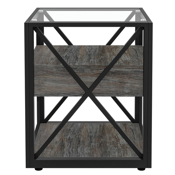 English Elm 1 Modern End Table With Drawer - Industrial Rustic Wood & Glass Nightstand, Compact Storage Solution W241P246916