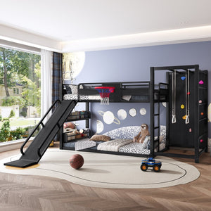 English Elm Twin Metal Loft Bed with Slide Basketball Hoop Climbing Wall and Built-in Shelves Black W1580S00342