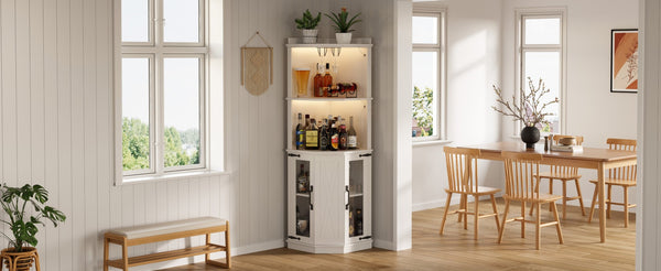 English Elm 67.3" Farmhouse Corner Bar Cabinet Led Lit Wine Storage with Built-in Power Outlets N735P361423K