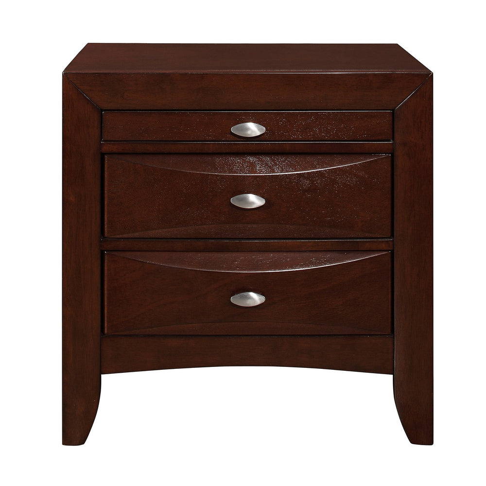 English Elm LUCILLE Walnut Brown Nightstand with Spacious Drawers and Chamfered Fronts, Solid Wood Accent Piece Merlot B201P295179