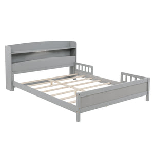 English Elm Full Pine Wood Bed with Bookcase Headboard and LED Motion Sensor Light, Guardrails & Storage Space Grey W504P277598