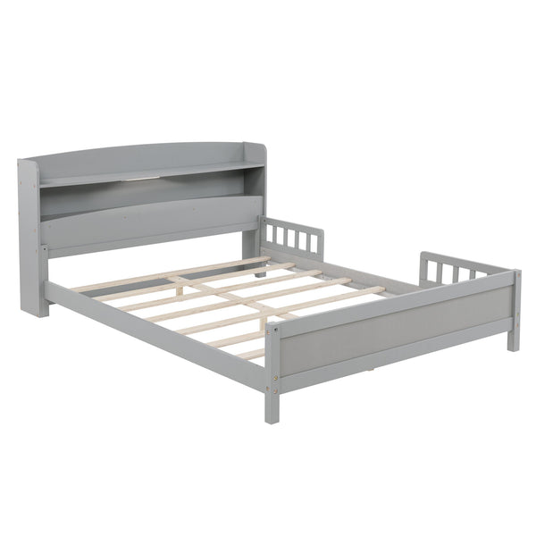 English Elm Full Pine Wood Bed with Bookcase Headboard and LED Motion Sensor Light, Guardrails & Storage Space Grey W504P277598