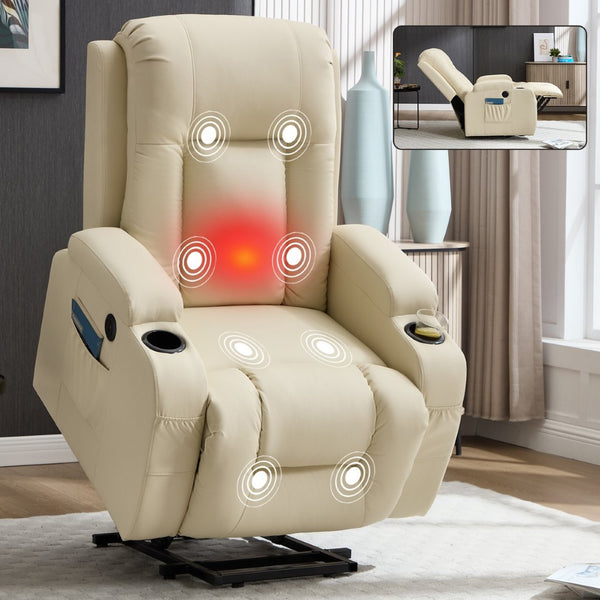 English Elm Beige Pu Leather Power Lift Recliner with Massage Lumbar Heat and Usb Charging Beige W1803S00085
