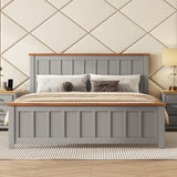 Queen Size Wood Platform Bed, Vintage Simple Frame, Grey, with Wooden Slat Support