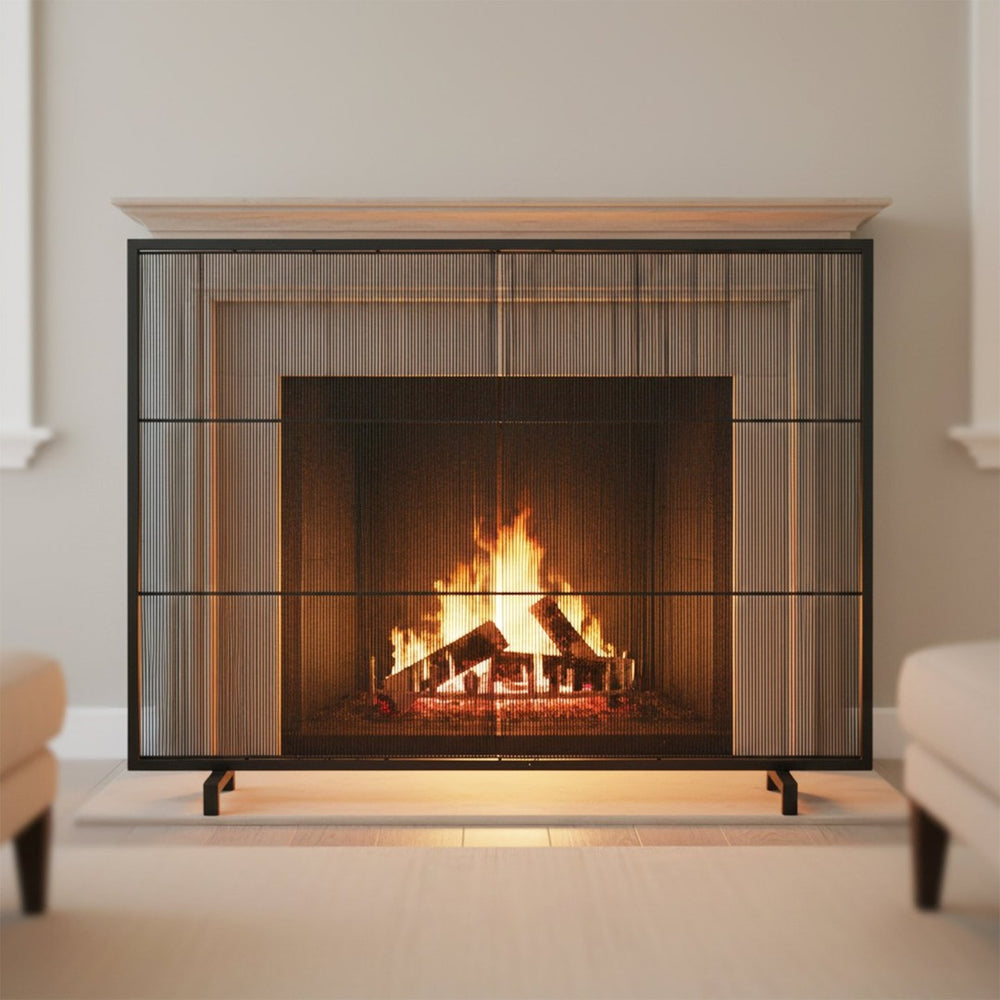 English Elm Willow Iron Fireplace Screen Powder Coated Vertical Bar Grid for Modern Interiors Black N775P386927B