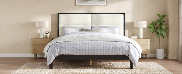 English Elm Solid Wood Queen Platform Bed Velvet Tufted Headboard Architectural Slat Design Black N7090000742B
