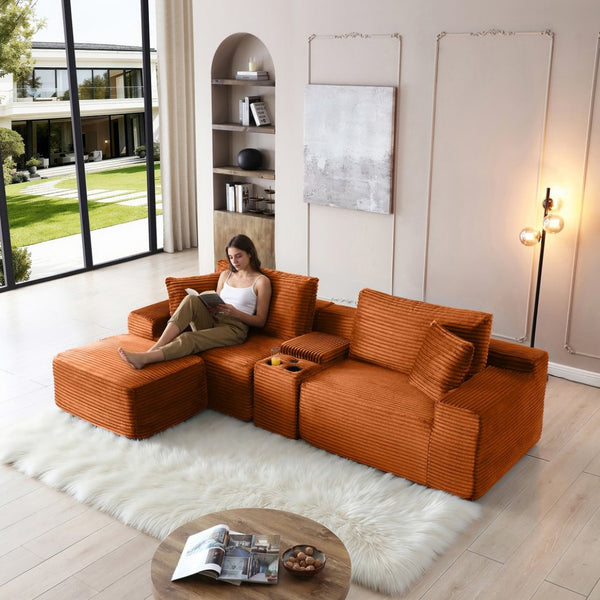 English Elm Modular Cloud Sectional Sofa with Corduroy Deep Seating Usb Ports and Storage Ottoman Orange W1117S00363