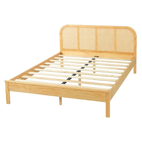 English Elm Queen Solid Pine Bed Frame with Woven Rattan Headboard for Coastal Boho Bedrooms N758Q465253N