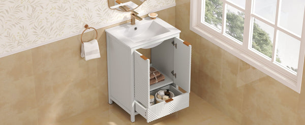 English Elm Christopher Knight Home® - 24 24-Inch Bathroom Vanity with Ceramic Sink, Textured Panels, Soft-Close Drawer & Large Storage White N817P339017K